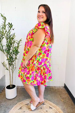 Be Charming Lime & Pink Floral Print Tiered Ruffle Sleeve Dress - Coeur de la Mode
