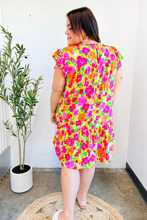 Be Charming Lime & Pink Floral Print Tiered Ruffle Sleeve Dress - Coeur de la Mode