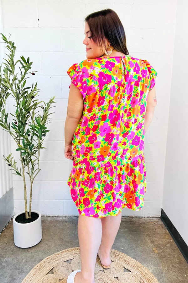 Be Charming Lime & Pink Floral Print Tiered Ruffle Sleeve Dress - Coeur de la Mode