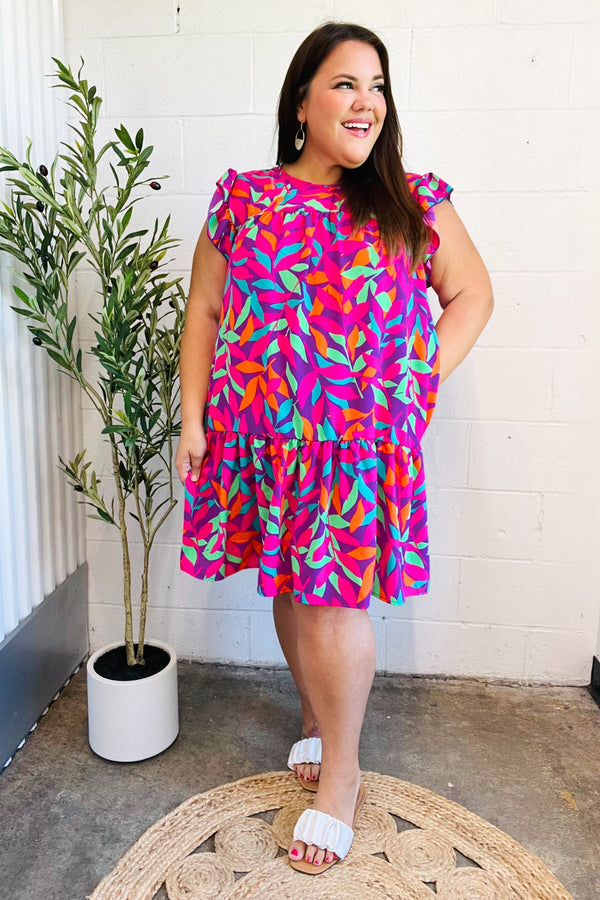 You Got This Purple Abstract Floral Print Tiered Ruffle Sleeve Dress - Coeur de la Mode