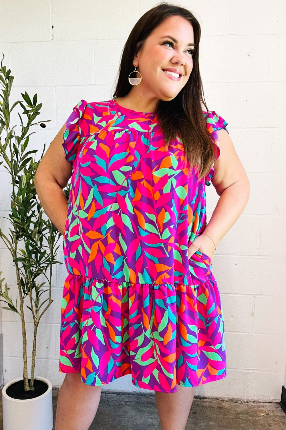 You Got This Purple Abstract Floral Print Tiered Ruffle Sleeve Dress - Coeur de la Mode