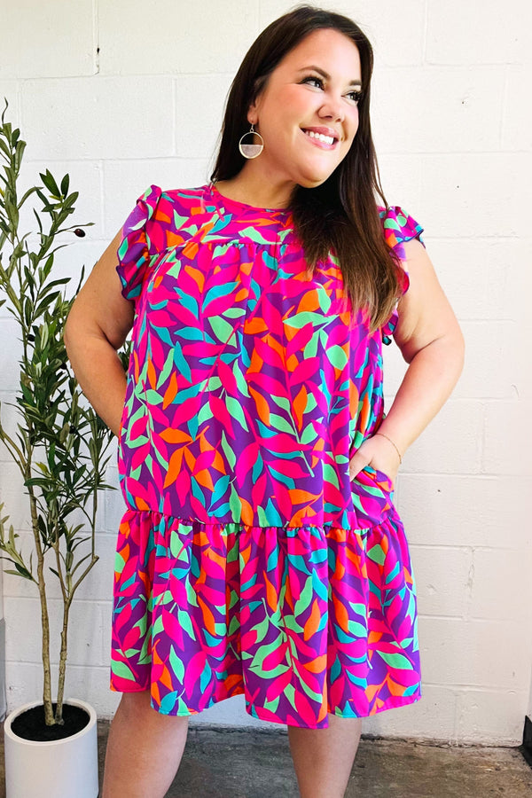 You Got This Purple Abstract Floral Print Tiered Ruffle Sleeve Dress - Coeur de la Mode