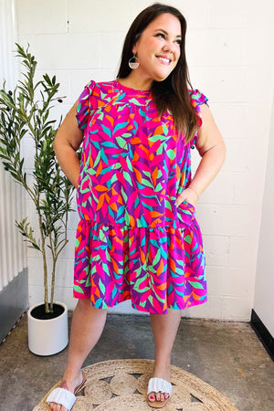 You Got This Purple Abstract Floral Print Tiered Ruffle Sleeve Dress - Coeur de la Mode