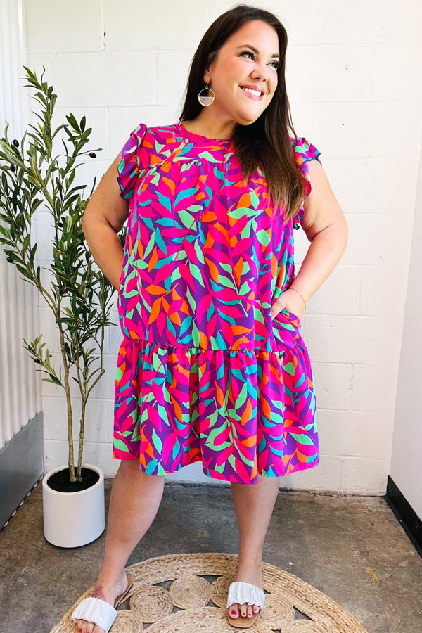 You Got This Purple Abstract Floral Print Tiered Ruffle Sleeve Dress - Coeur de la Mode