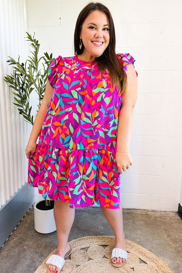 You Got This Purple Abstract Floral Print Tiered Ruffle Sleeve Dress - Coeur de la Mode
