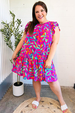 You Got This Purple Abstract Floral Print Tiered Ruffle Sleeve Dress - Coeur de la Mode