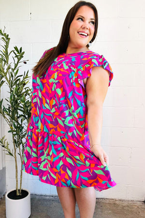 You Got This Purple Abstract Floral Print Tiered Ruffle Sleeve Dress - Coeur de la Mode