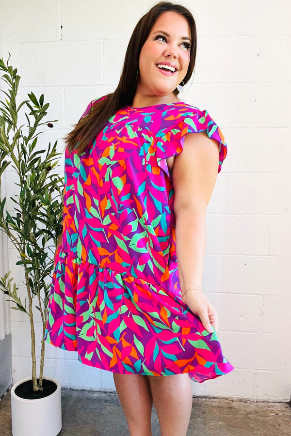 You Got This Purple Abstract Floral Print Tiered Ruffle Sleeve Dress - Coeur de la Mode