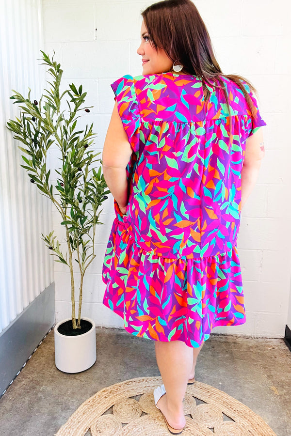 You Got This Purple Abstract Floral Print Tiered Ruffle Sleeve Dress - Coeur de la Mode