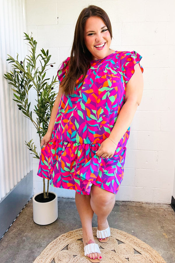 You Got This Purple Abstract Floral Print Tiered Ruffle Sleeve Dress - Coeur de la Mode