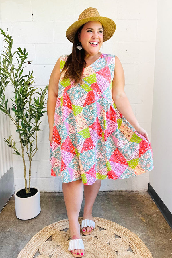 Hello Beautiful Peach & Sage Patchwork Babydoll Swing Dress - Coeur de la Mode