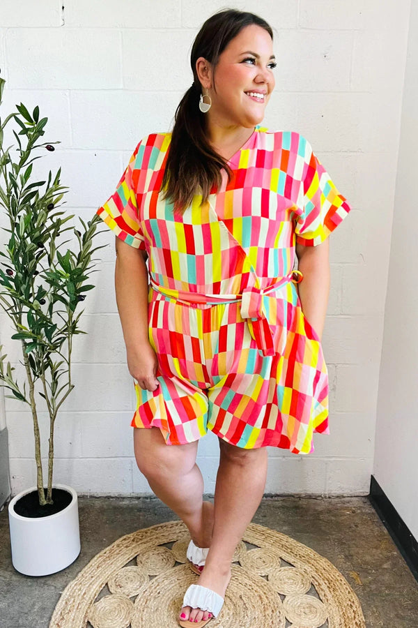 Eyes On You Coral Geo Abstract Surplice Woven Romper - Coeur de la Mode