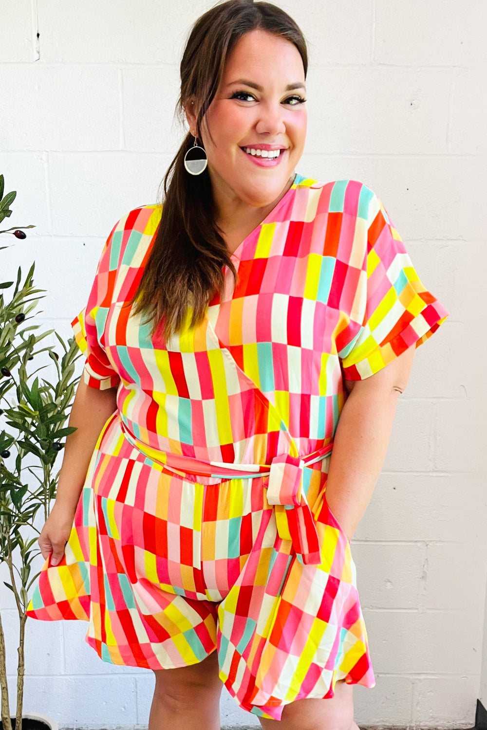 Eyes On You Coral Geo Abstract Surplice Woven Romper - Coeur de la Mode