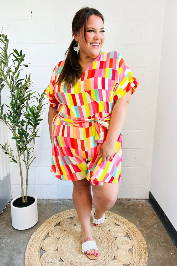 Eyes On You Coral Geo Abstract Surplice Woven Romper - Coeur de la Mode