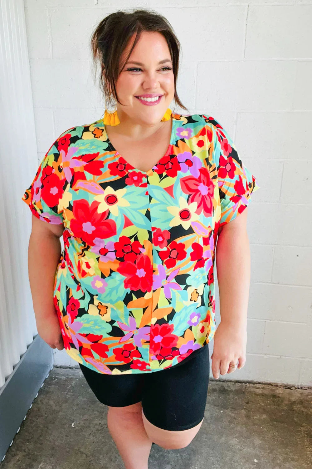Multicolor Tropical Floral V Neck Drop Shoulder Top - Coeur de la Mode