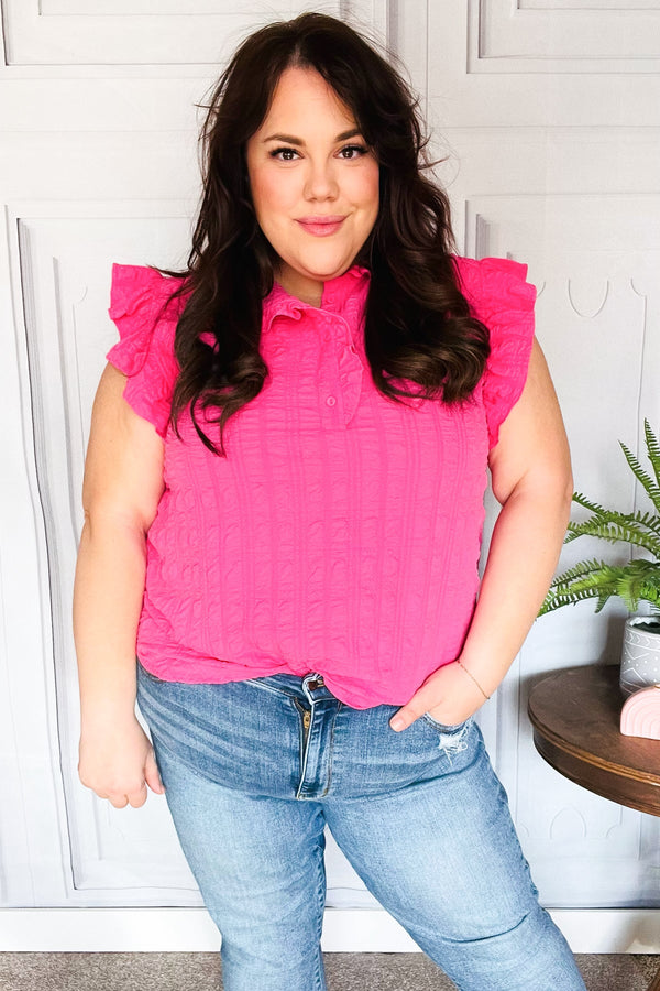 Glamorous In Hot Pink Textured Ruffle Mock Neck Top - Coeur de la Mode