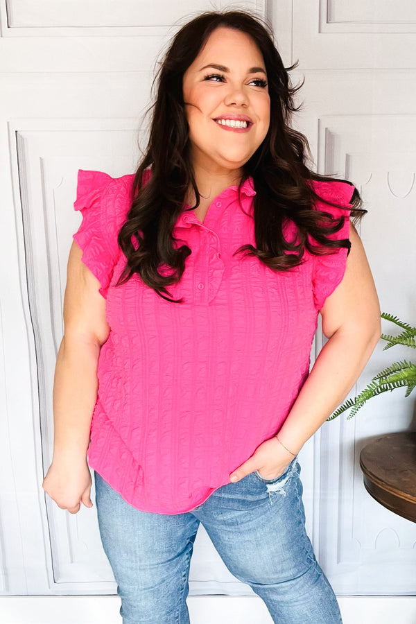 Glamorous In Hot Pink Textured Ruffle Mock Neck Top - Coeur de la Mode