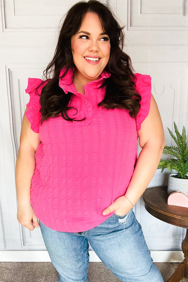 Glamorous In Hot Pink Textured Ruffle Mock Neck Top - Coeur de la Mode