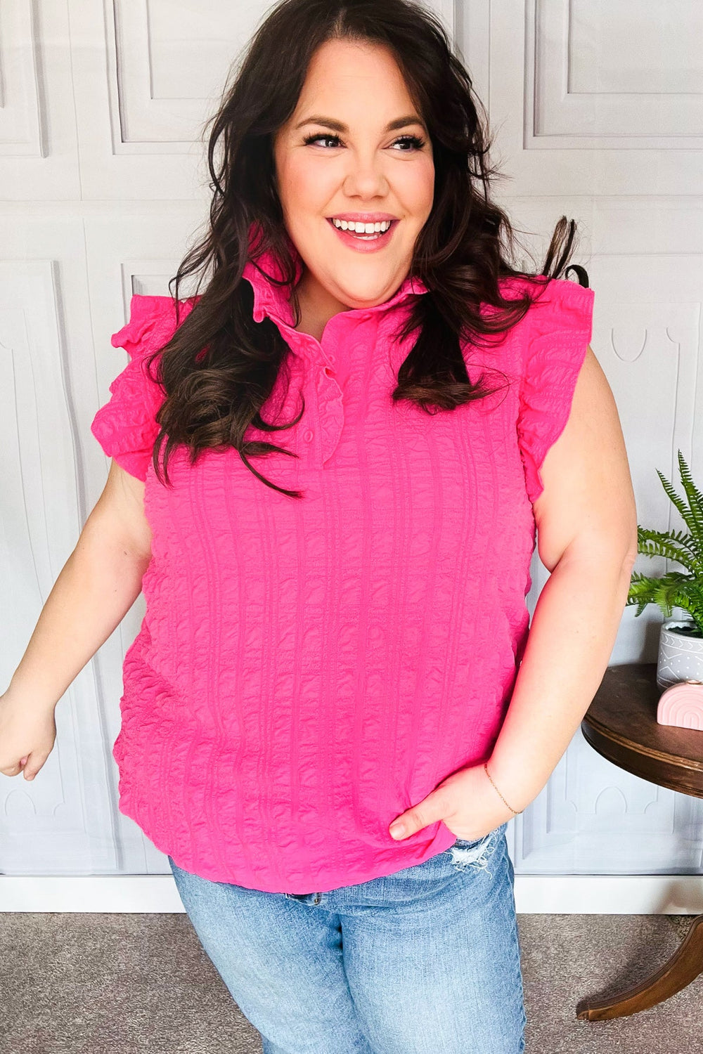 Glamorous In Hot Pink Textured Ruffle Mock Neck Top - Coeur de la Mode