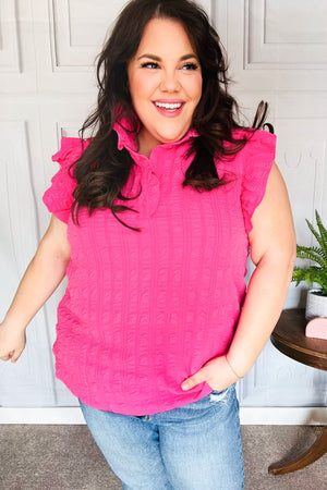 Glamorous In Hot Pink Textured Ruffle Mock Neck Top - Coeur de la Mode
