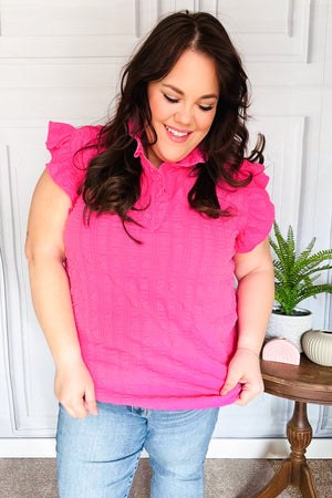 Glamorous In Hot Pink Textured Ruffle Mock Neck Top - Coeur de la Mode
