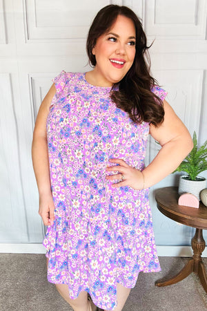 Spring Lilac Floral Tiered Ruffle Sleeve Woven Dress - Coeur de la Mode
