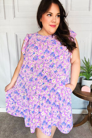 Spring Lilac Floral Tiered Ruffle Sleeve Woven Dress - Coeur de la Mode