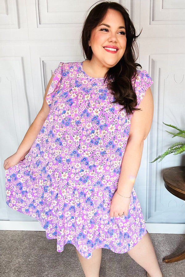 Spring Lilac Floral Tiered Ruffle Sleeve Woven Dress - Coeur de la Mode