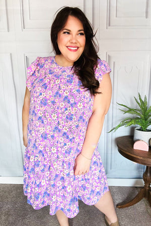 Spring Lilac Floral Tiered Ruffle Sleeve Woven Dress - Coeur de la Mode