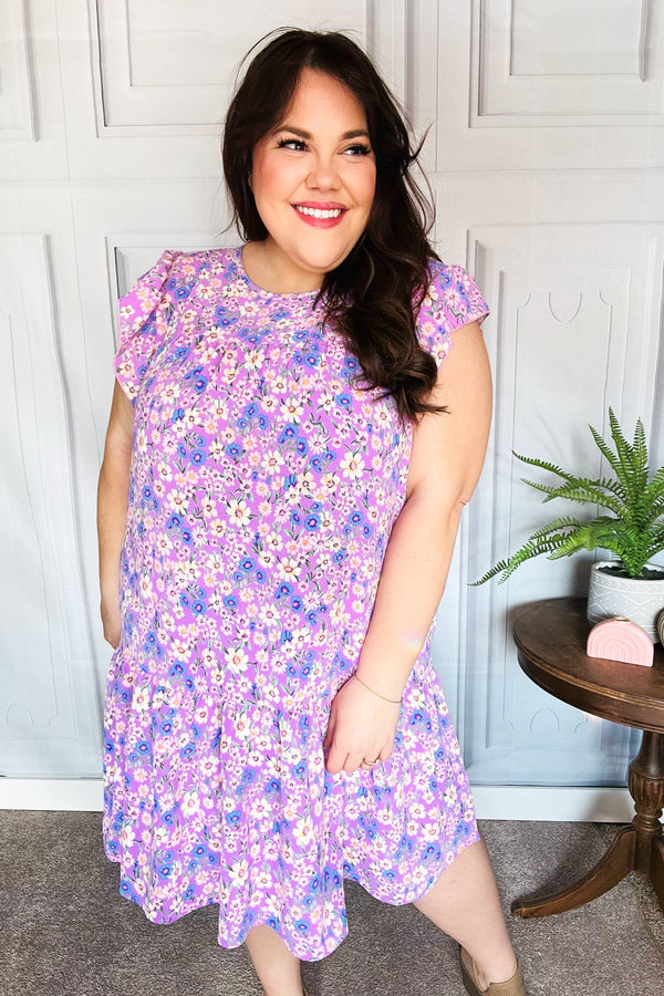 Spring Lilac Floral Tiered Ruffle Sleeve Woven Dress - Coeur de la Mode