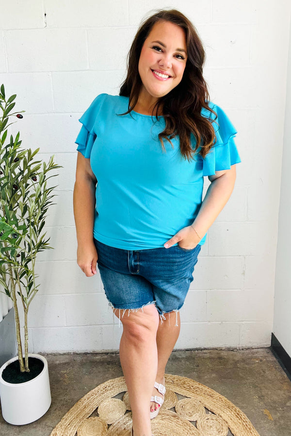 Lovely In Blue Tiered Double Ruffle Sleeve Woven Top - Coeur de la Mode