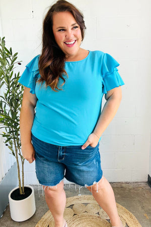 Lovely In Blue Tiered Double Ruffle Sleeve Woven Top - Coeur de la Mode