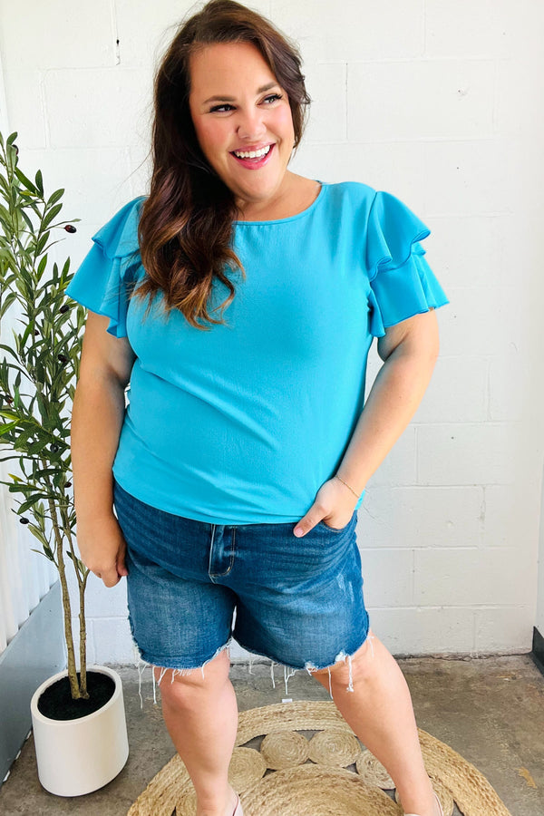 Lovely In Blue Tiered Double Ruffle Sleeve Woven Top - Coeur de la Mode