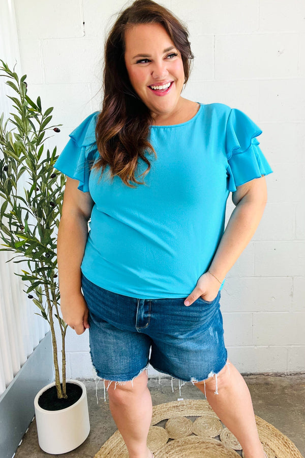 Lovely In Blue Tiered Double Ruffle Sleeve Woven Top - Coeur de la Mode