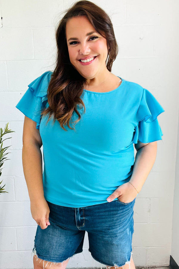 Lovely In Blue Tiered Double Ruffle Sleeve Woven Top - Coeur de la Mode