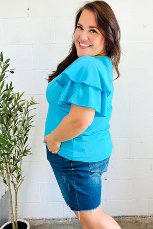Lovely In Blue Tiered Double Ruffle Sleeve Woven Top - Coeur de la Mode