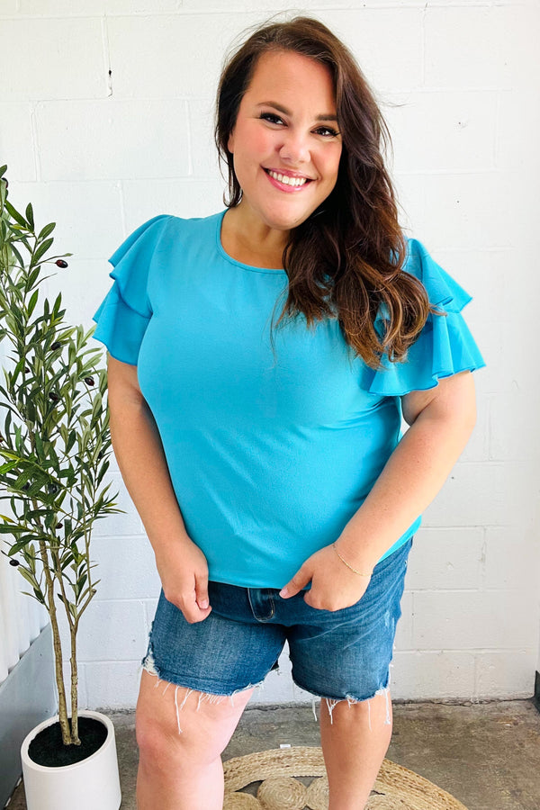 Lovely In Blue Tiered Double Ruffle Sleeve Woven Top - Coeur de la Mode