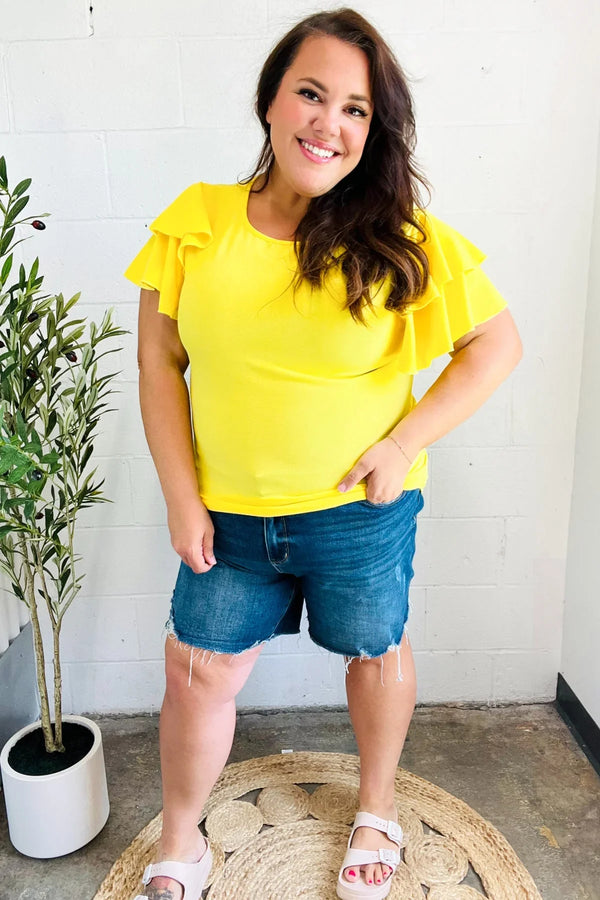 Lovely In Yellow Tiered Double Ruffle Sleeve Woven Top - Coeur de la Mode