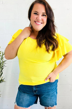 Lovely In Yellow Tiered Double Ruffle Sleeve Woven Top - Coeur de la Mode