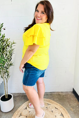 Lovely In Yellow Tiered Double Ruffle Sleeve Woven Top - Coeur de la Mode