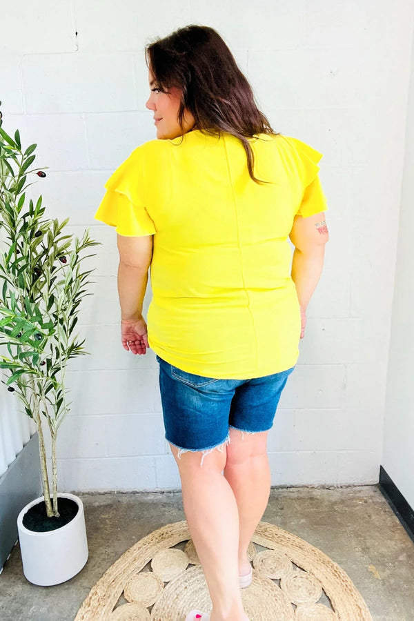 Lovely In Yellow Tiered Double Ruffle Sleeve Woven Top - Coeur de la Mode