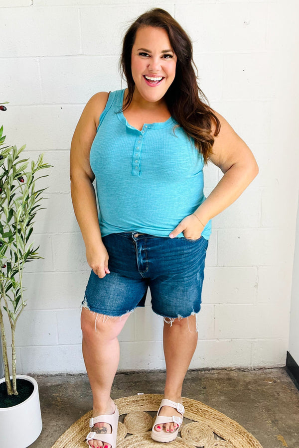 Summer Days Ice Blue Melange Ribbed Henley Button Down Tank - Coeur de la Mode
