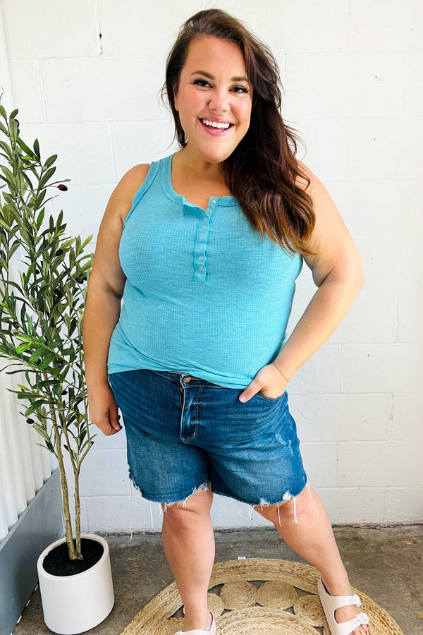 Summer Days Ice Blue Melange Ribbed Henley Button Down Tank - Coeur de la Mode