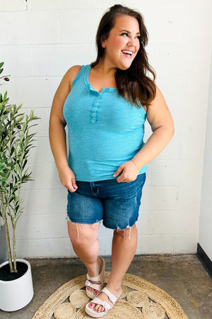 Summer Days Ice Blue Melange Ribbed Henley Button Down Tank - Coeur de la Mode