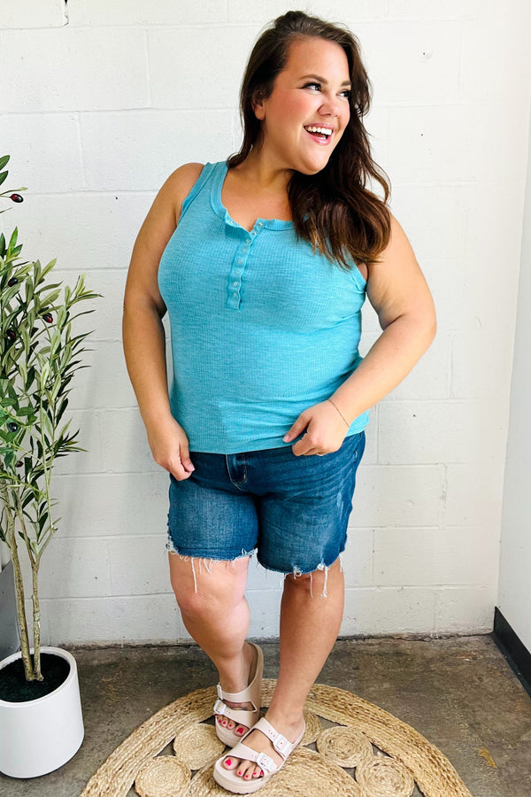 Summer Days Ice Blue Melange Ribbed Henley Button Down Tank - Coeur de la Mode