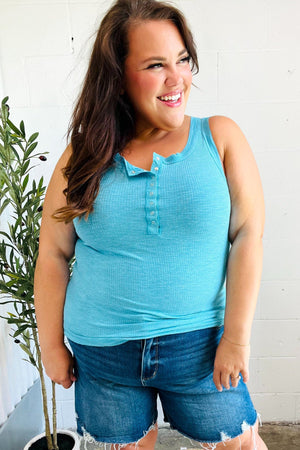 Summer Days Ice Blue Melange Ribbed Henley Button Down Tank - Coeur de la Mode