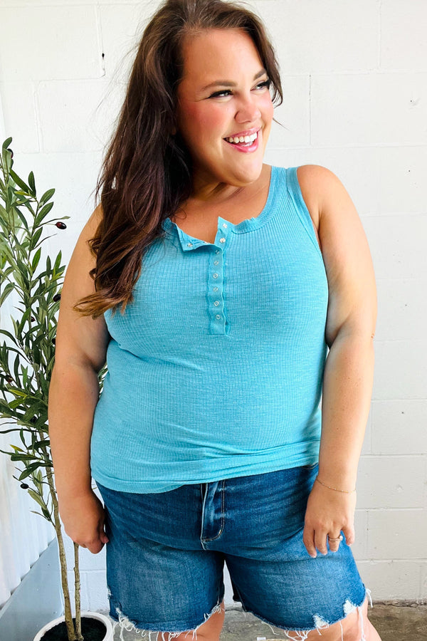 Summer Days Ice Blue Melange Ribbed Henley Button Down Tank - Coeur de la Mode