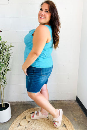Summer Days Ice Blue Melange Ribbed Henley Button Down Tank - Coeur de la Mode