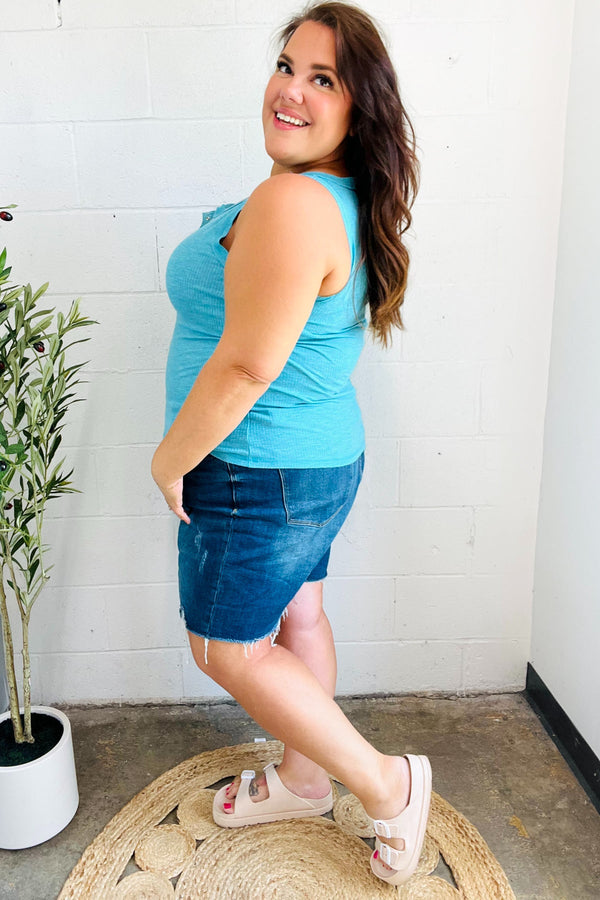 Summer Days Ice Blue Melange Ribbed Henley Button Down Tank - Coeur de la Mode