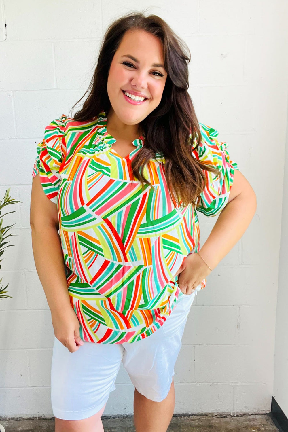 Hello Beautiful Green & Orange Geo Frill Notch Neck Puff Sleeve Top - Coeur de la Mode